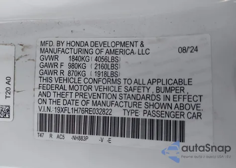 2024 Honda Civic Ex-L from USA, damaged, VIN 19XFL1H76RE032822